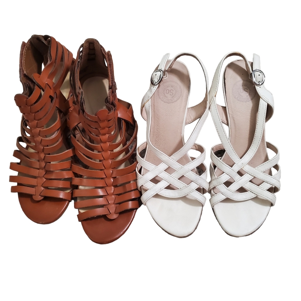 Wedge Heels Brown Faux Leather Wedge and White Mid profile Heels Sandals